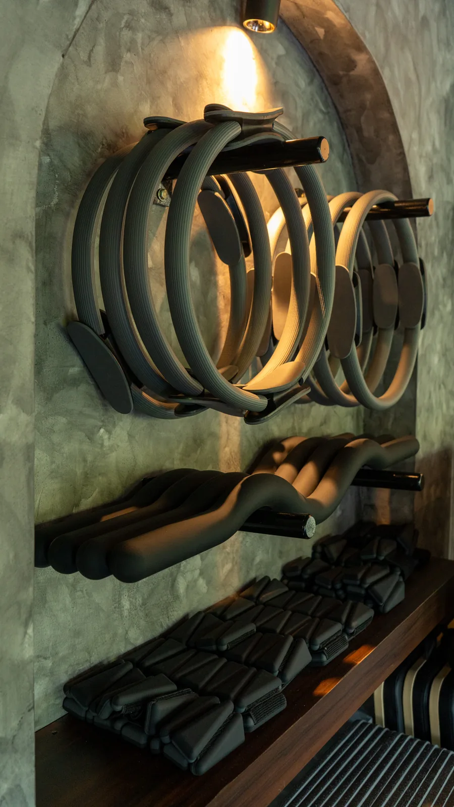 Props wall inside the Pilates and Beyond Gachibowli studio